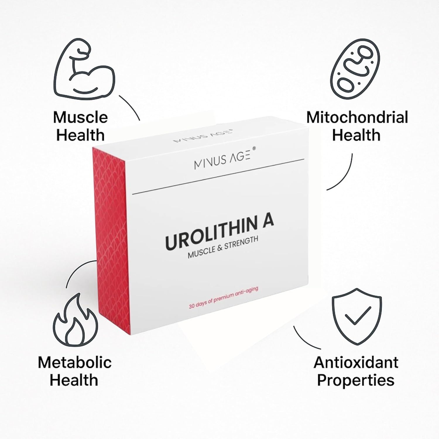 Confezione bianca con lato rosso. Scritta: Urolithin A, Muscle & Strength. Illustrazioni: muscolo, mitocondri, metabolismo, antiossidanti.