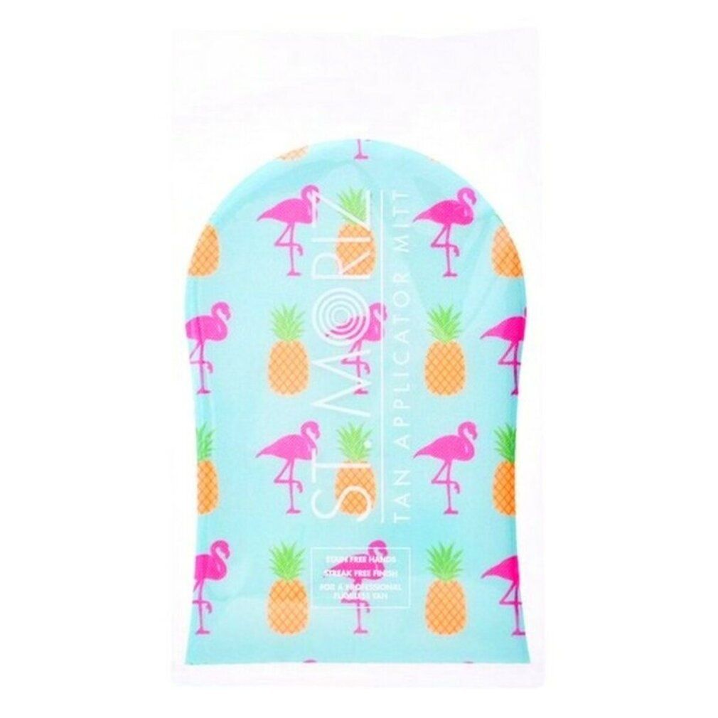 Guanto applicatore in confezione di plastica. Guanto blu con motivo fenicotteri e ananas, logo ST. MORIZ. Per un'abbronzatura senza striature.