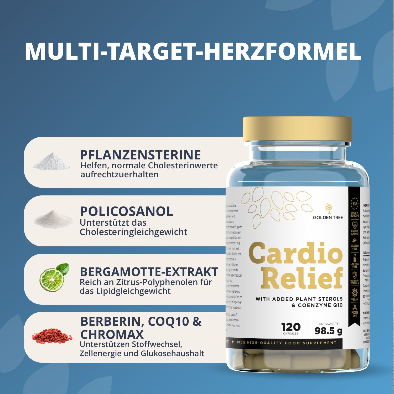 Flacone di Golden Tree Cardio Relief con informazioni su steroli vegetali, policosanolo, estratto di bergamotto e berberina.
