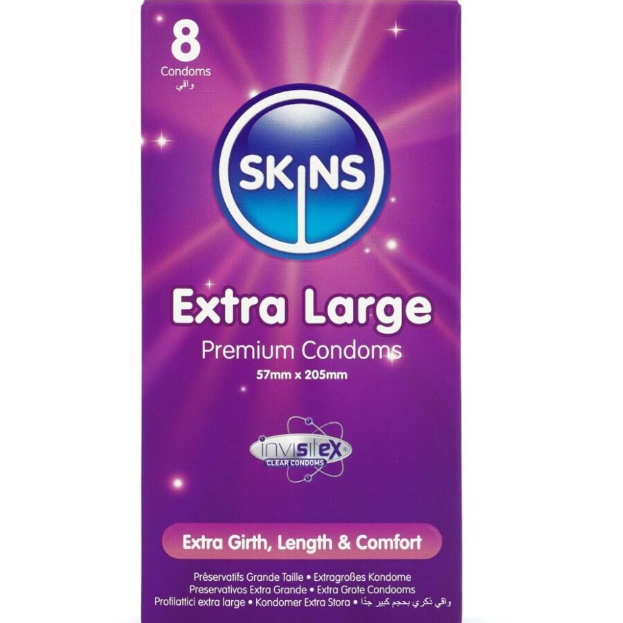 Confezione da 8 preservativi Skins Extra Large Premium, trasparenti ed extra large.