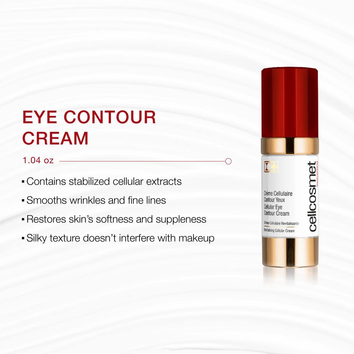 Cellcosmet Eye Contour Cream, 1.04 oz. Tappo rosso, anello dorato, contenitore bianco. Testo: Eye Contour Cream, ingredienti.