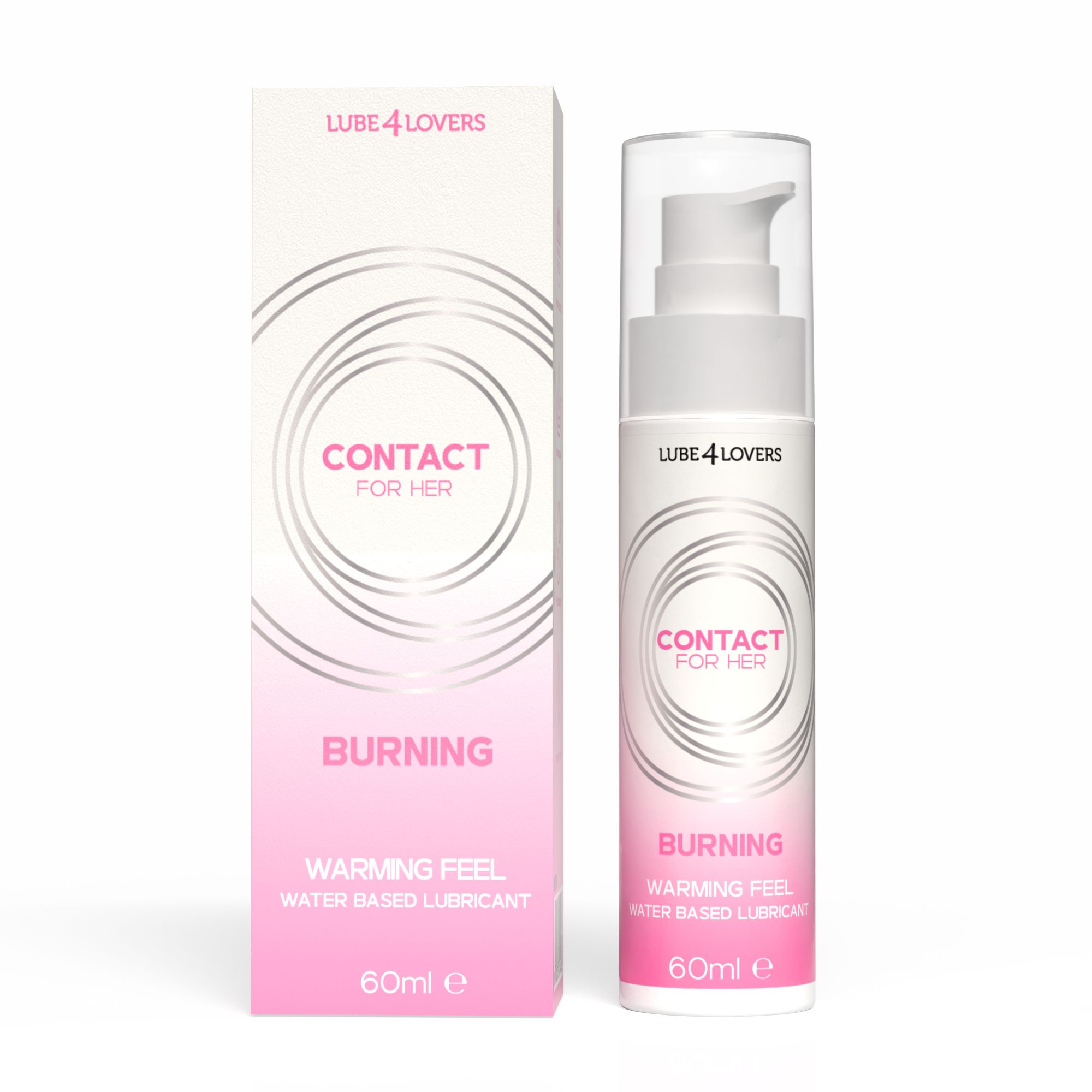 Flacone bianco con pompa ed etichetta rosa. Scritta: CONTACT FOR HER BURNING. 60ml. Accanto a una confezione.