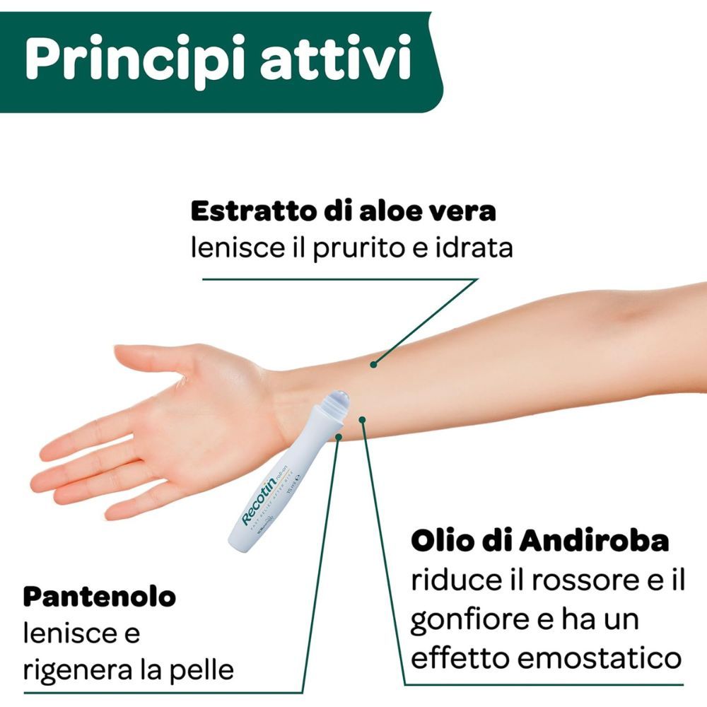Ragazzo con occhiali da sole. Testo: Allevia il prurito, favorisce la guarigione, rinfresca e lenisce.