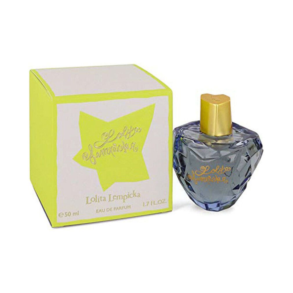 Flacone e confezione. Flacone blu, tappo dorato, scritta dorata "Lolita Lempicka". Confezione giallo-bianca.
