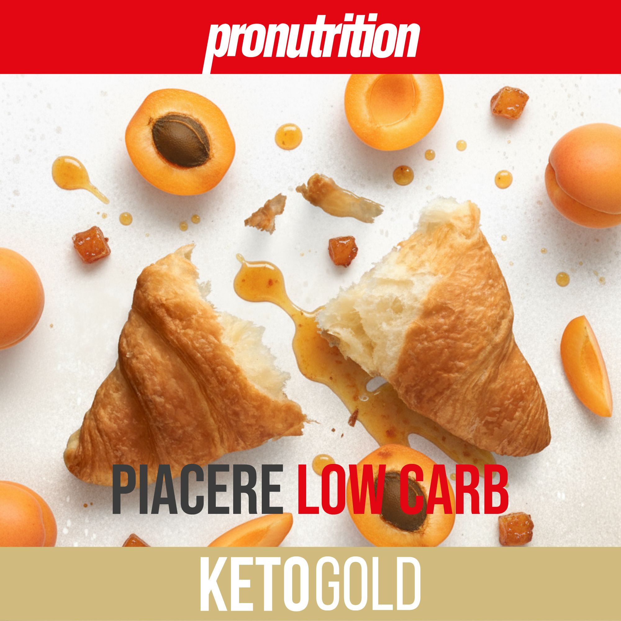 Cornetto Keto a pezzi, albicocche, miele. Testo "PIACERE LOW CARB".