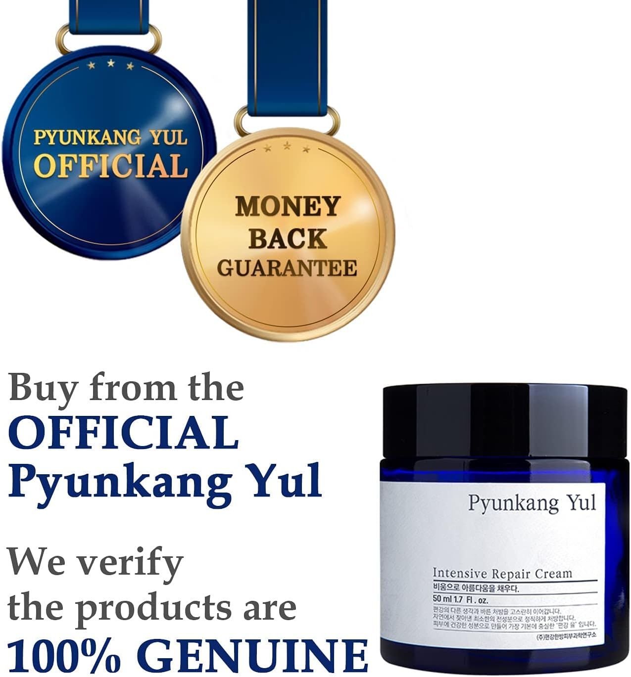 Due medaglie e un vasetto di crema. Testo: Pyunkang Yul Official, garanzia di rimborso, 100% autentico.