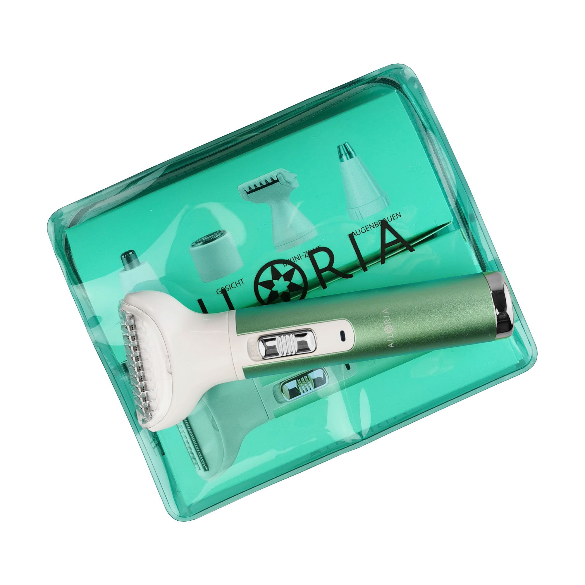 Set rasoio in confezione trasparente. Rasoio e testine visibili. Logo AILORIA.