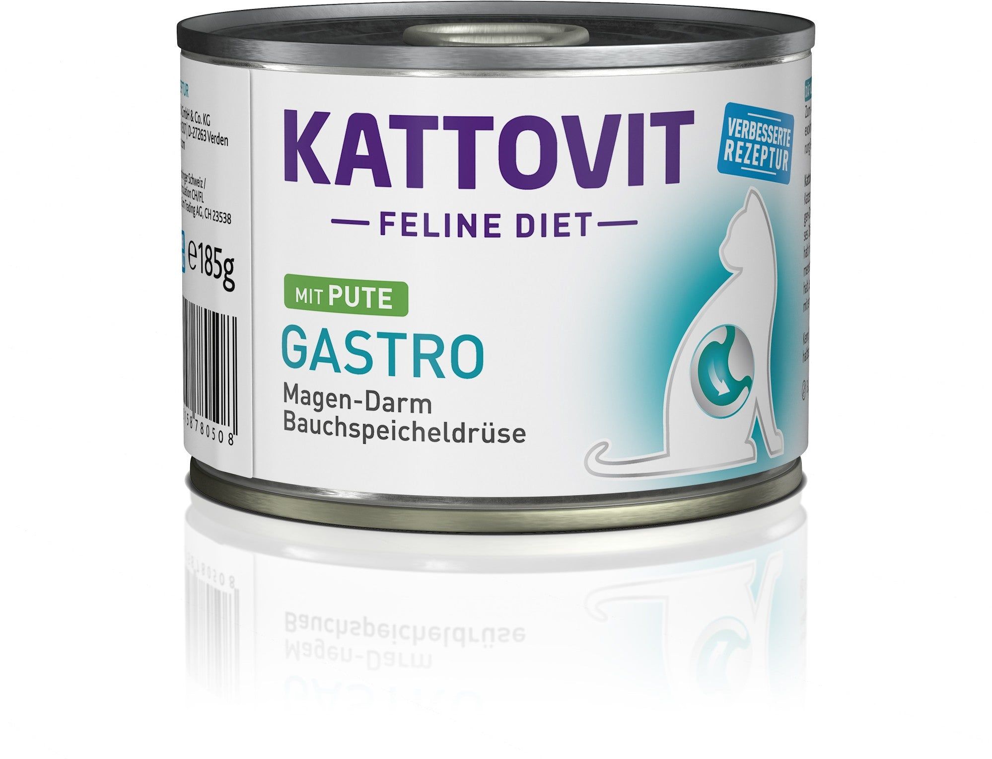 Lattina di cibo per gatti Kattovit Gastro Pute. Etichetta con testo: Gastro, apparato digerente. Sagoma di gatto.