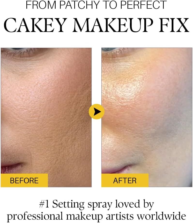 Immagini prima-dopo. Pelle con trucco cakey. Testo: Cakey Makeup Fix. #1 Setting Spray.