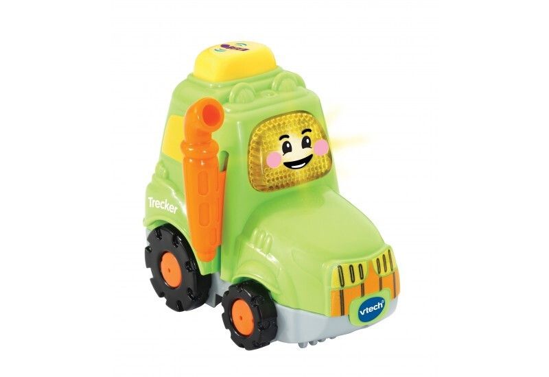 Trattore giocattolo verde con tetto giallo, scarico arancione e pneumatici neri. Logo Vtech.