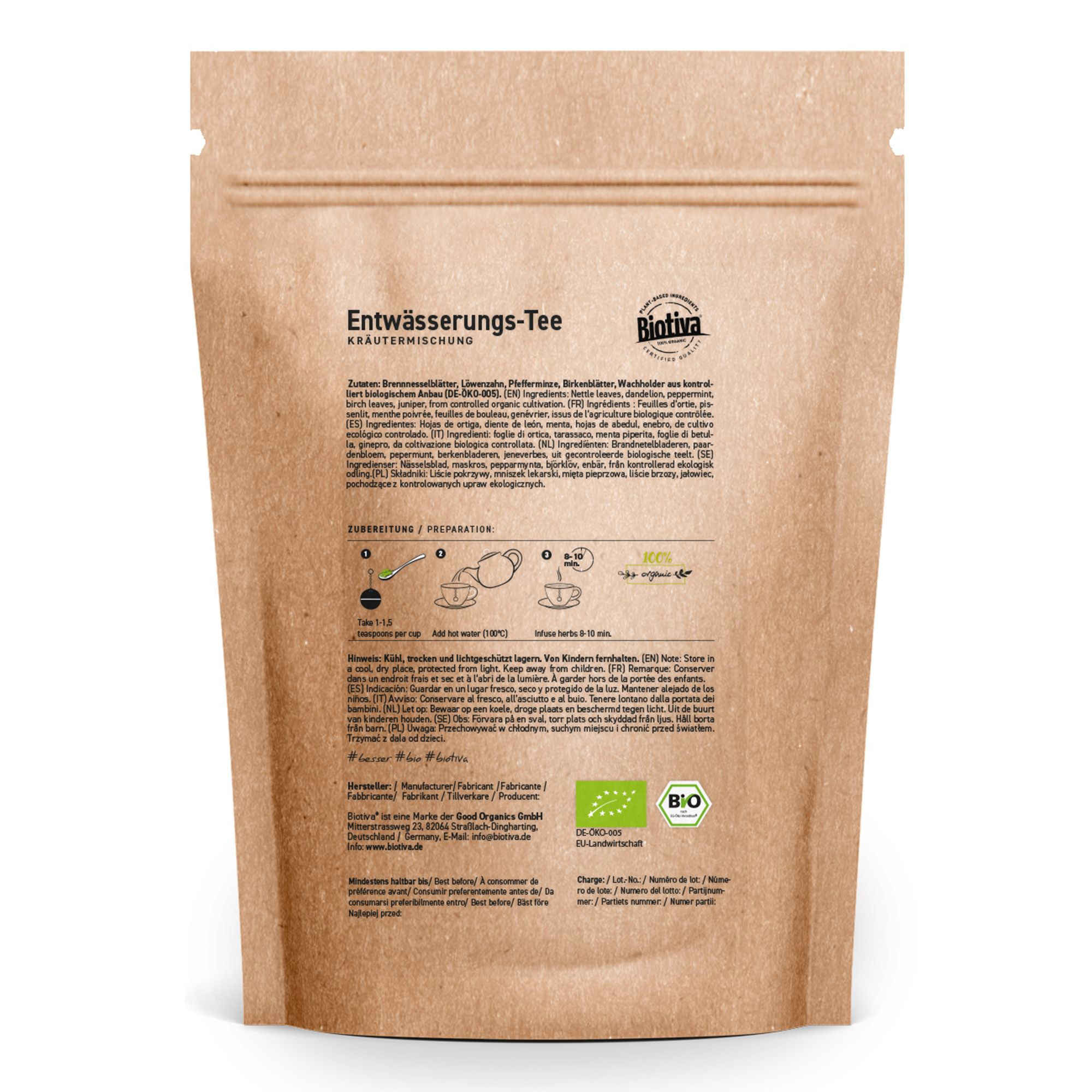Retro della confezione di tè drenante Biotiva. Testo: ingredienti, preparazione, marchio bio. Confezione di carta marrone con testo verde.