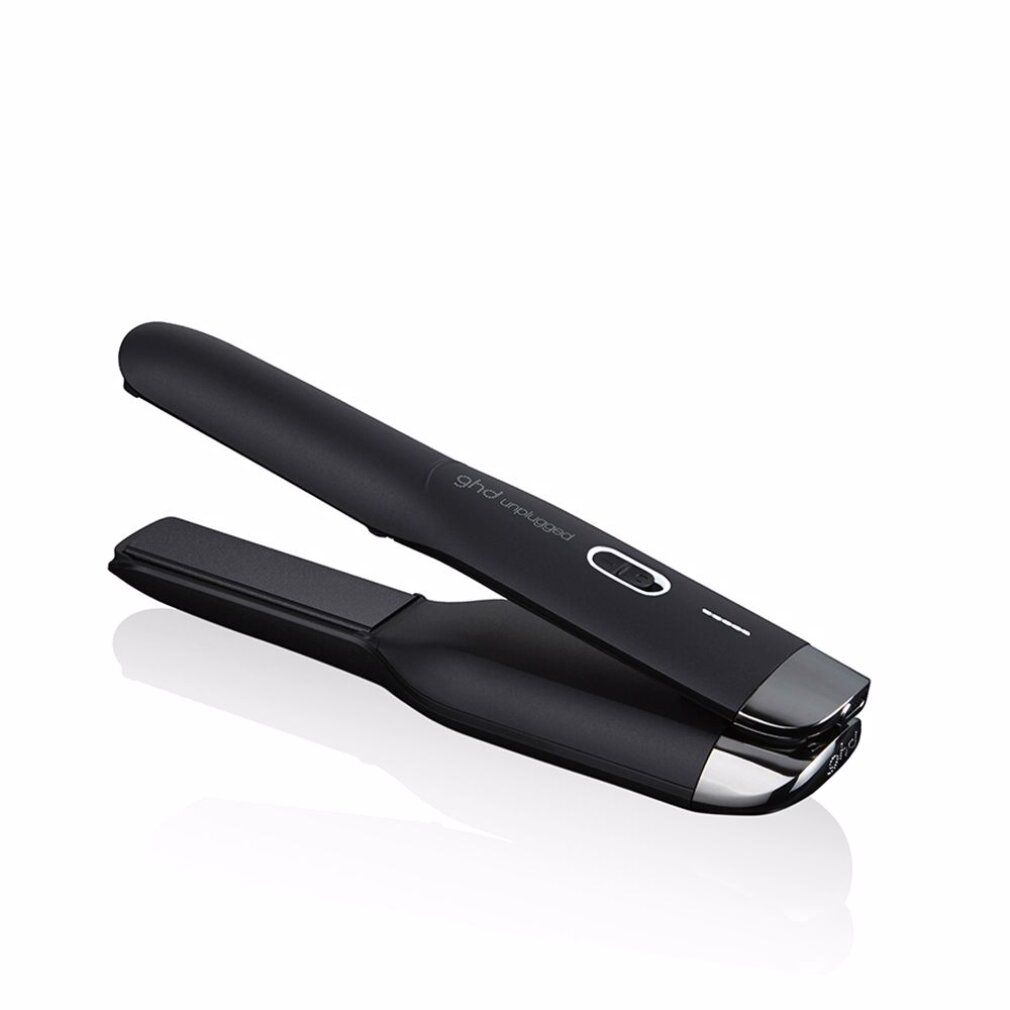 Piastra per capelli GHD Unplugged nera. Dettagli argento. Posizione aperta.