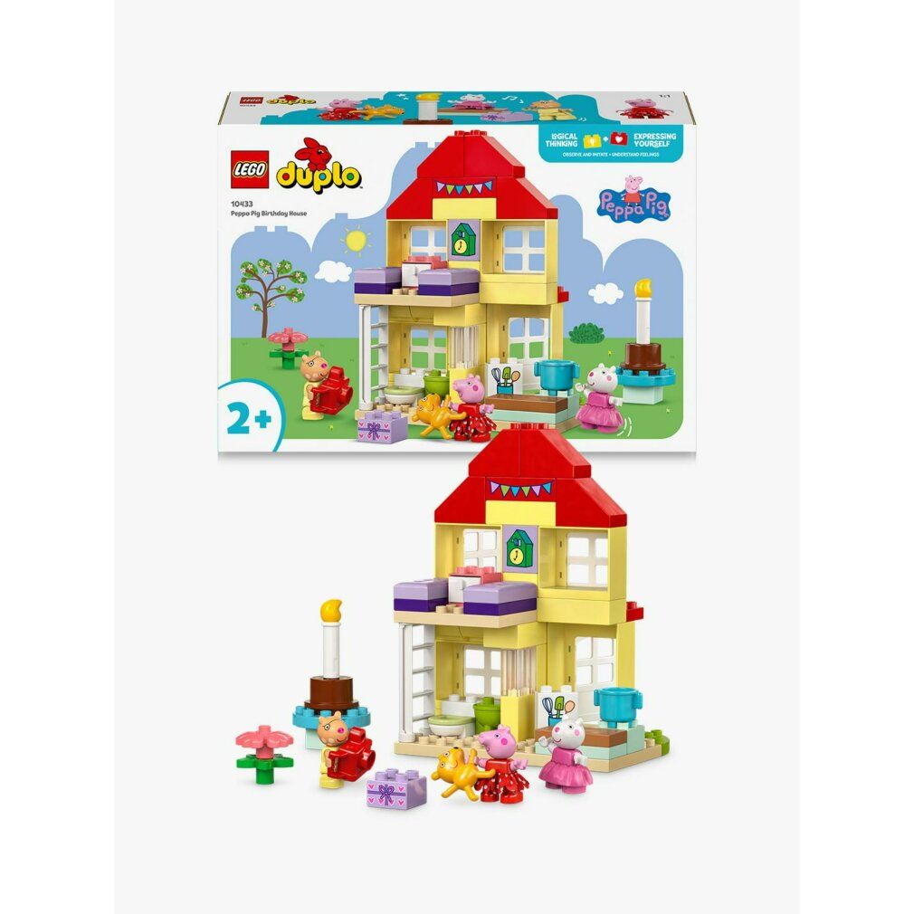 LEGO Duplo La casa del compleanno di Peppa Pig. Casa gialla, tetto rosso, personaggi, accessori. Scatola con logo ed età consigliata.