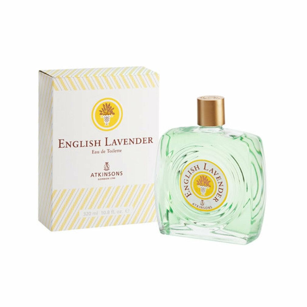 Flacone e confezione. Scritta 'English Lavender' e 'Atkinsons'. Flacone con tappo dorato.