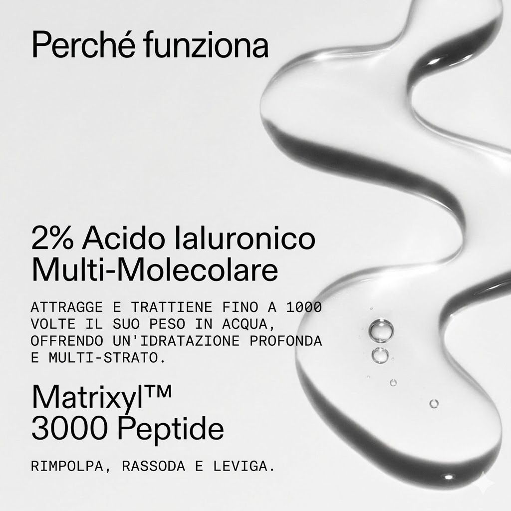 Grafica con gocce. Testo: 2% Acido ialuronico, attrae fino a 1000 volte il suo peso in acqua. Peptide Matrixyl 3000.
