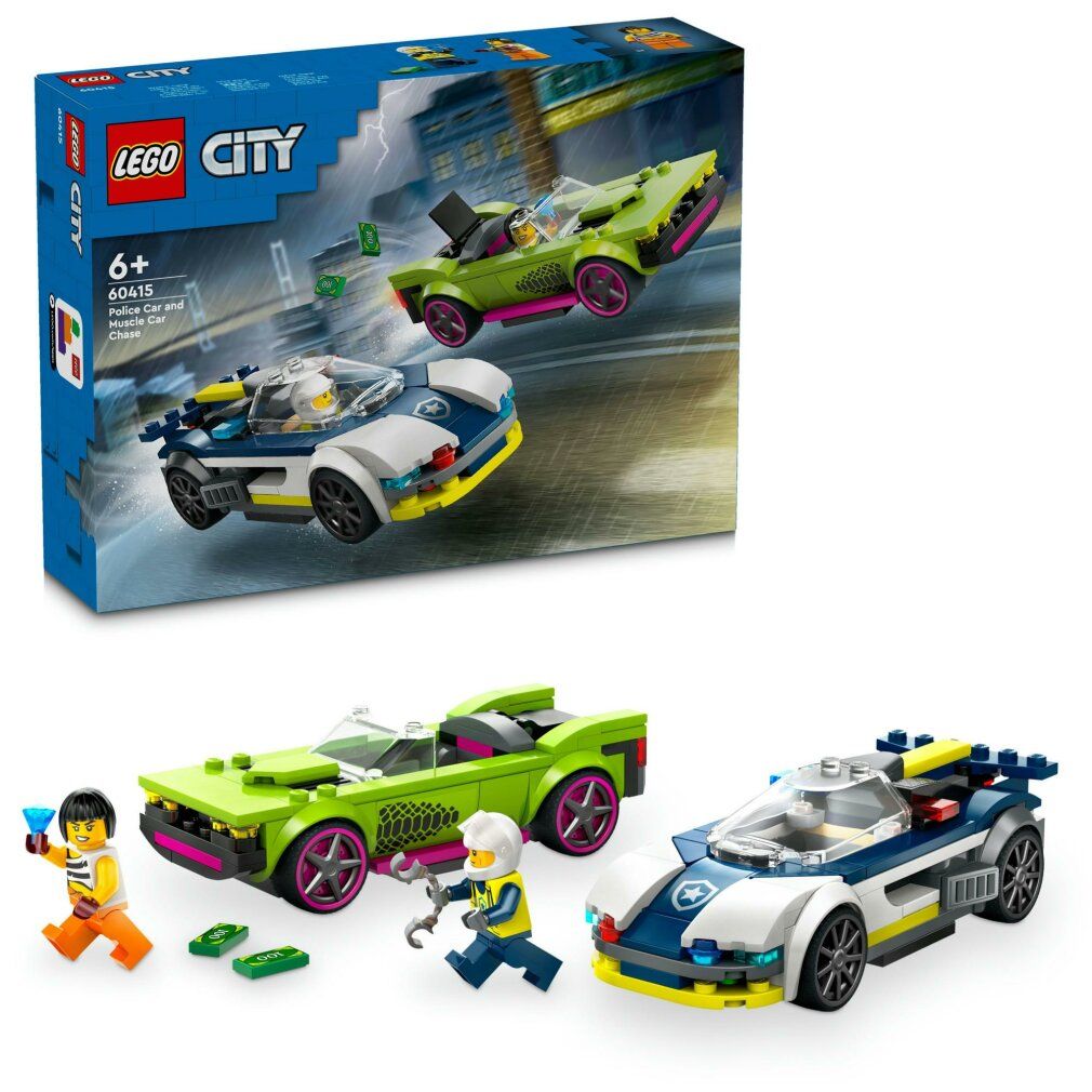 Set LEGO City con due macchinine giocattolo, personaggi e accessori. La confezione mostra le auto. I personaggi tengono accessori.