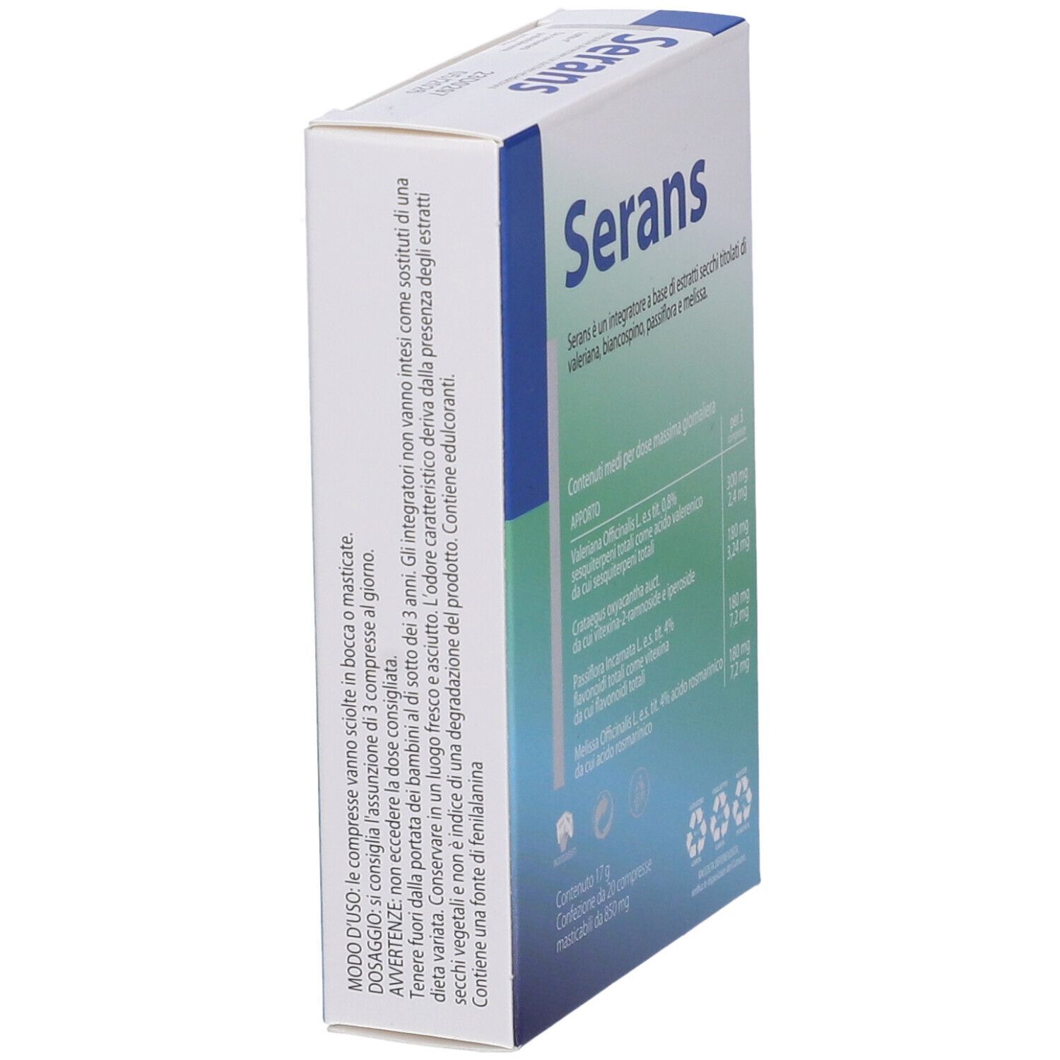 Vista laterale della confezione "Serans". Confezione bianca e blu. Testo in italiano.
