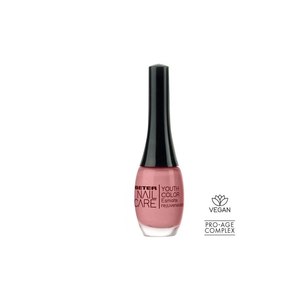 Flacone di smalto con tappo nero. Scritta: Beter Nail Care Youth Color. Colore: Taupe Rose. Sigillo vegano.
