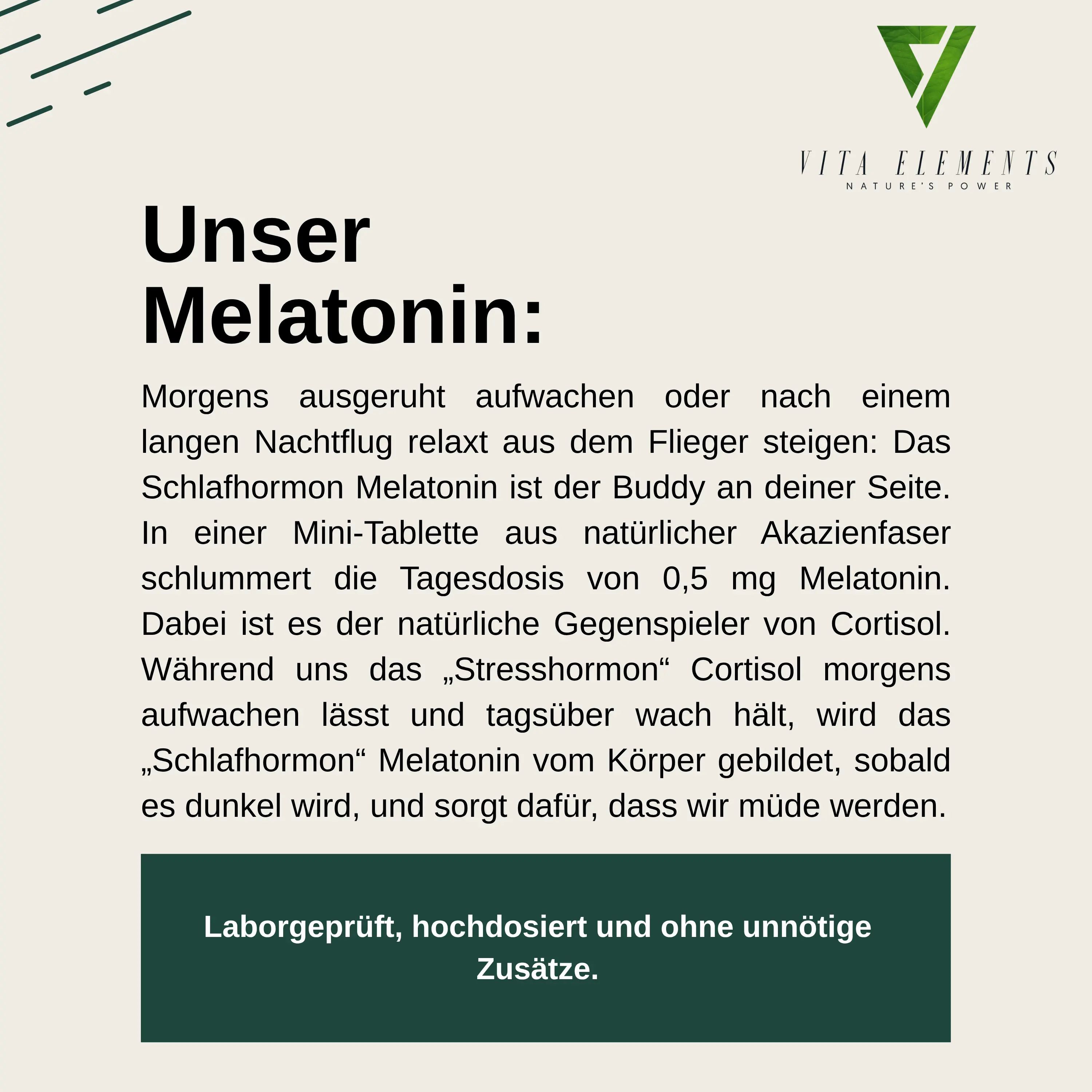 Testo sulla melatonina: "La nostra melatonina". Testato in laboratorio, ad alto dosaggio e senza additivi inutili.