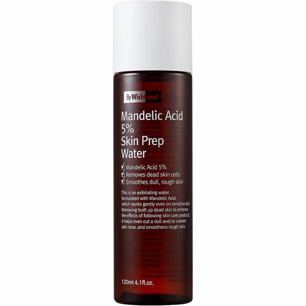 Flacone in vetro marrone con tappo bianco, By Wishtrend Mandelic Acid 5% Skin Prep Water.