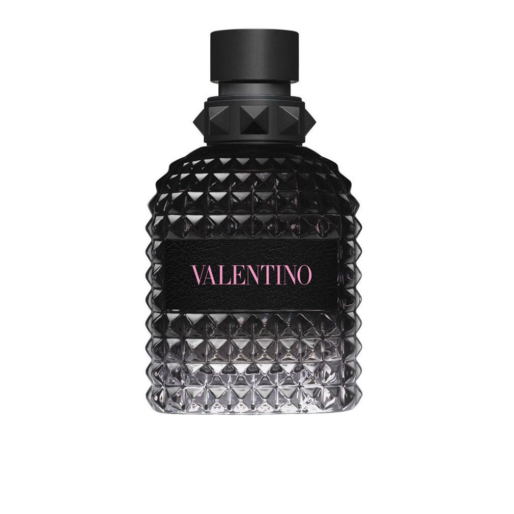 Flacone di profumo Valentino nero. Bottiglia con motivo piramidale. Nome prodotto: Valentino.