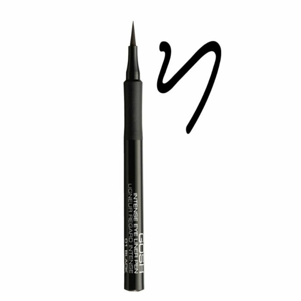 Penna eyeliner nera e tratto nero. Scritta: Gosh Intense Eyeliner Pen 01 Black.