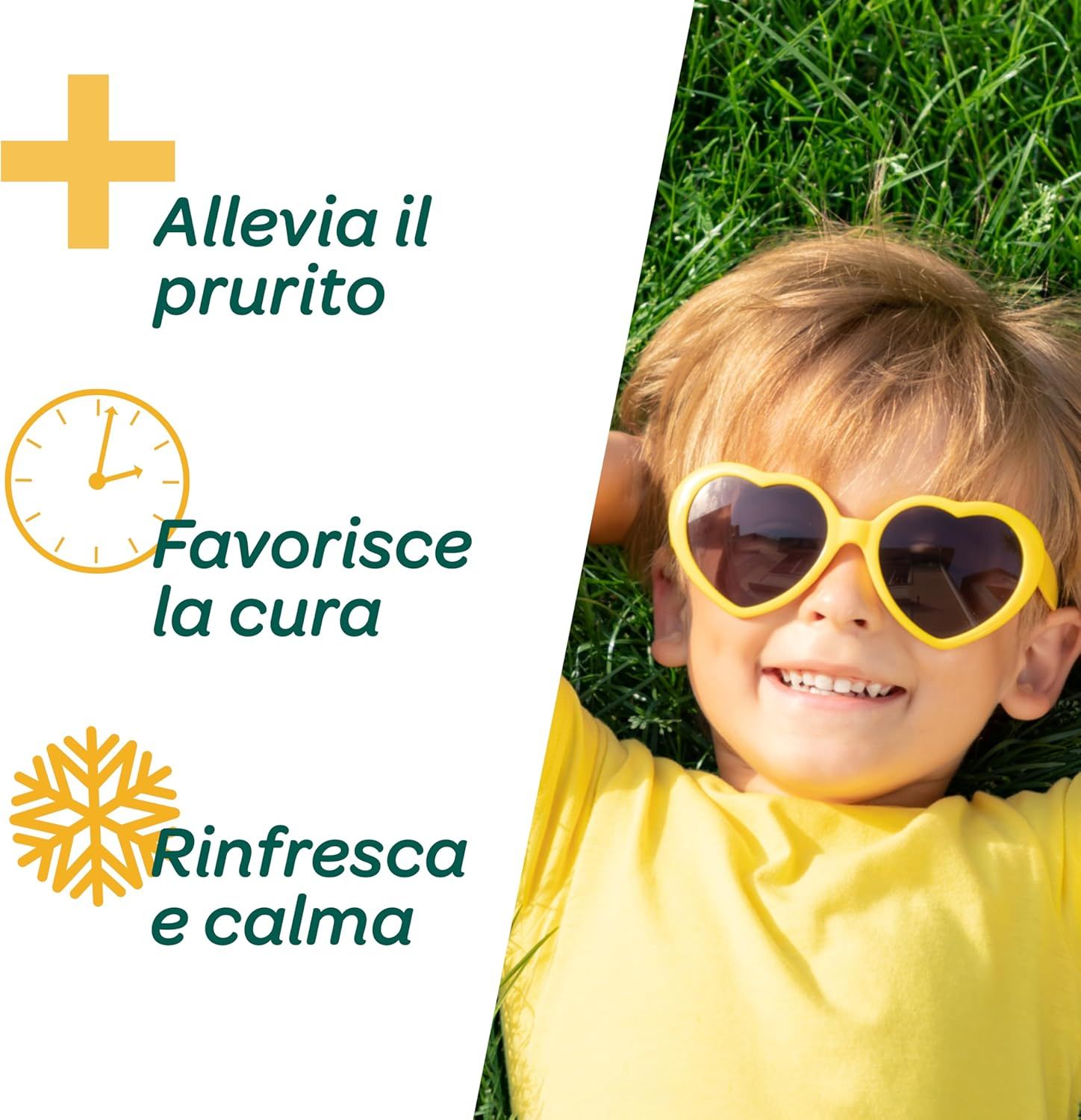 Bambino nell'erba, occhiali da sole. Simboli: croce, orologio, fiocco di neve. Testo: Allevia il prurito, favorisce la guarigione, rinfresca.