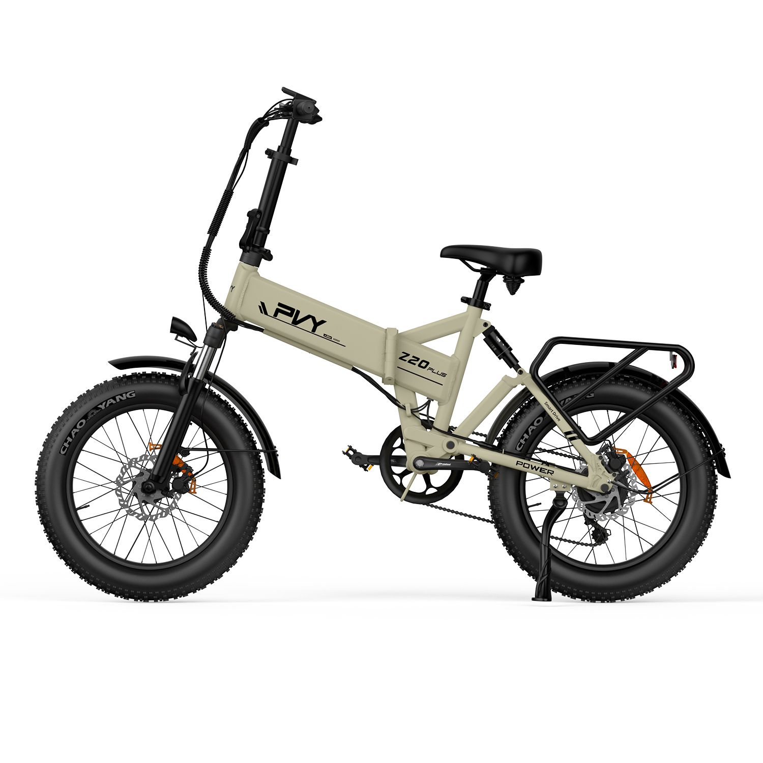 E-bike beige con pneumatici neri e portapacchi. Sul telaio è scritto PVY Z20 Plus.
