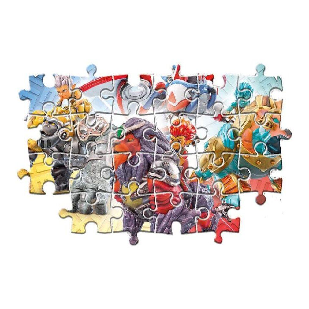 Puzzle assemblato con personaggi Gormiti. Diverse tessere formano un'immagine. Sfondo bianco.