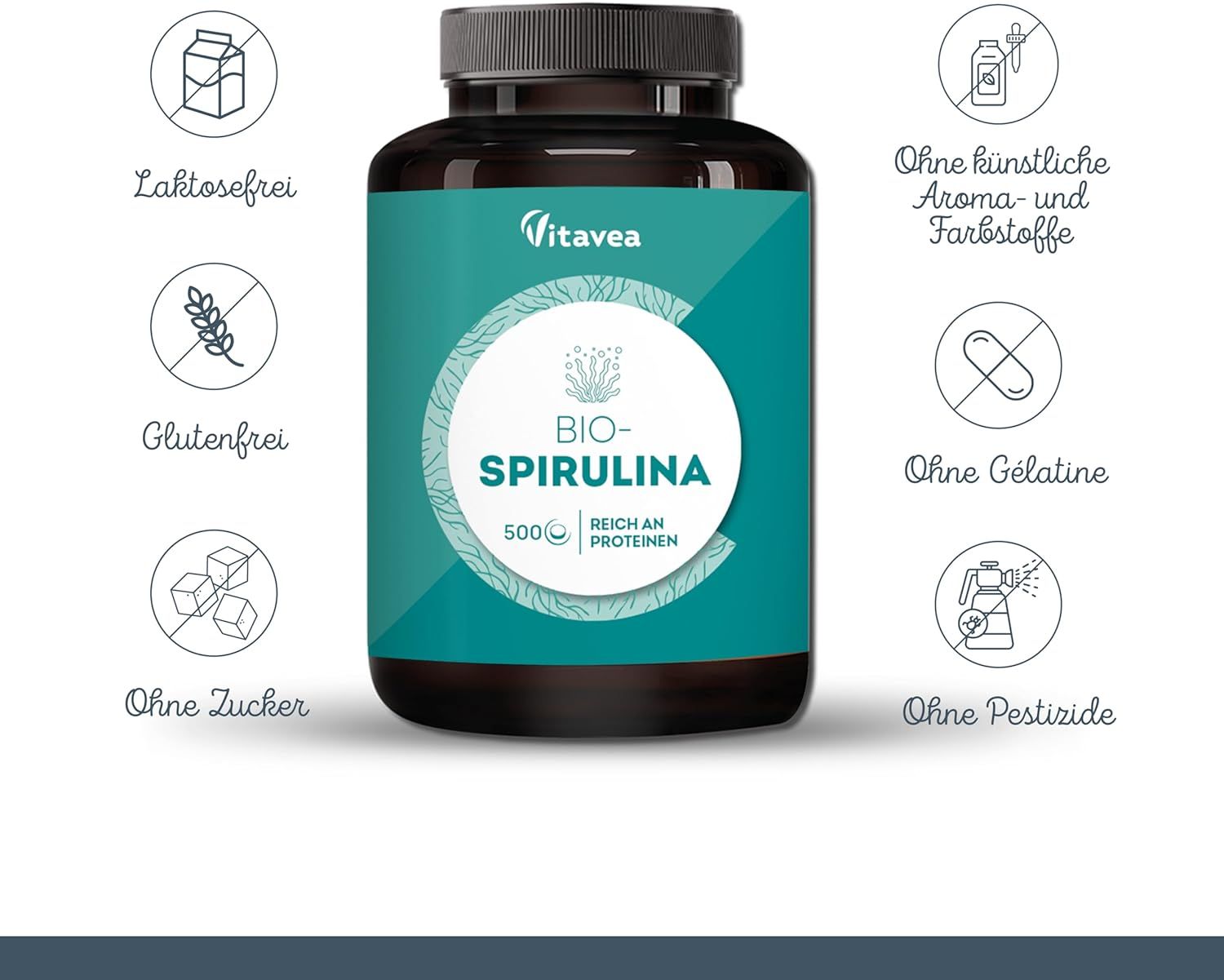 Flacone di compresse di Spirulina BIO. Testo: Senza lattosio, senza glutine, senza zucchero, senza aromi e coloranti artificiali, senza gelatina, senza pesticidi.