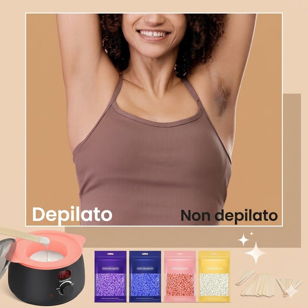 Donna con ascelle con e senza peli. Scaldacera, perle di cera in bustine, spatole. Testo: Depilato, Non depilato.