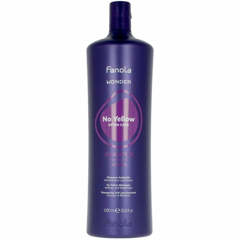 Flacone di shampoo viola. Scritta: Fanola No Yellow Extra Care. Testo: Shampoo Antigiallo, morbidezza e luminosità.