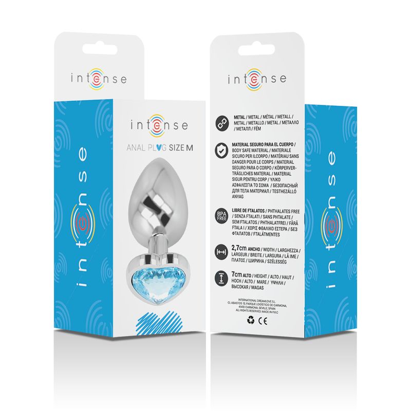 Confezione e analplug Intense taglia M con pietra a forma di cuore blu.
