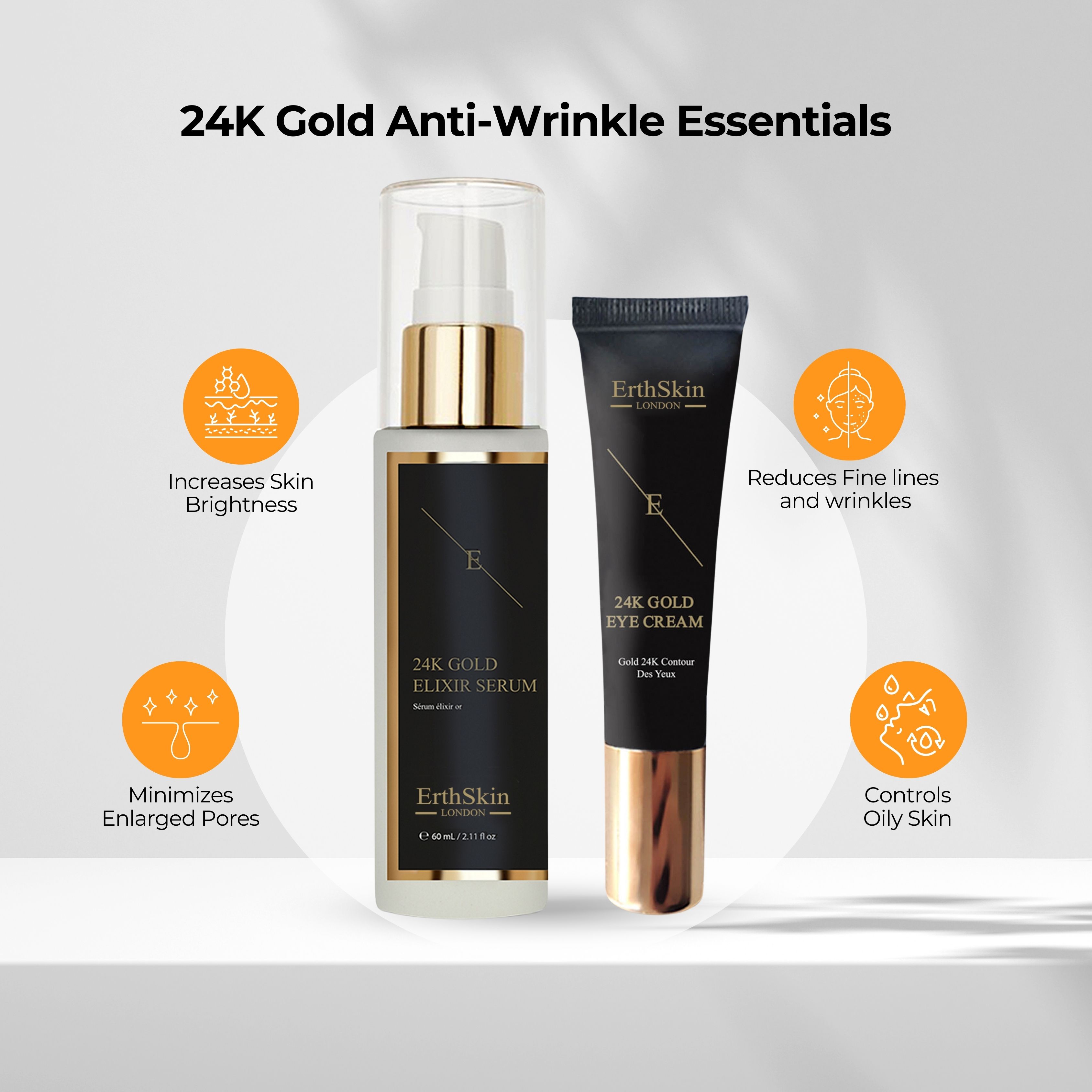 Set siero e crema occhi. Flacone e tubetto. Etichette nere, testo dorato. Marchio: ErthSkin London. Icone aggiuntive.
