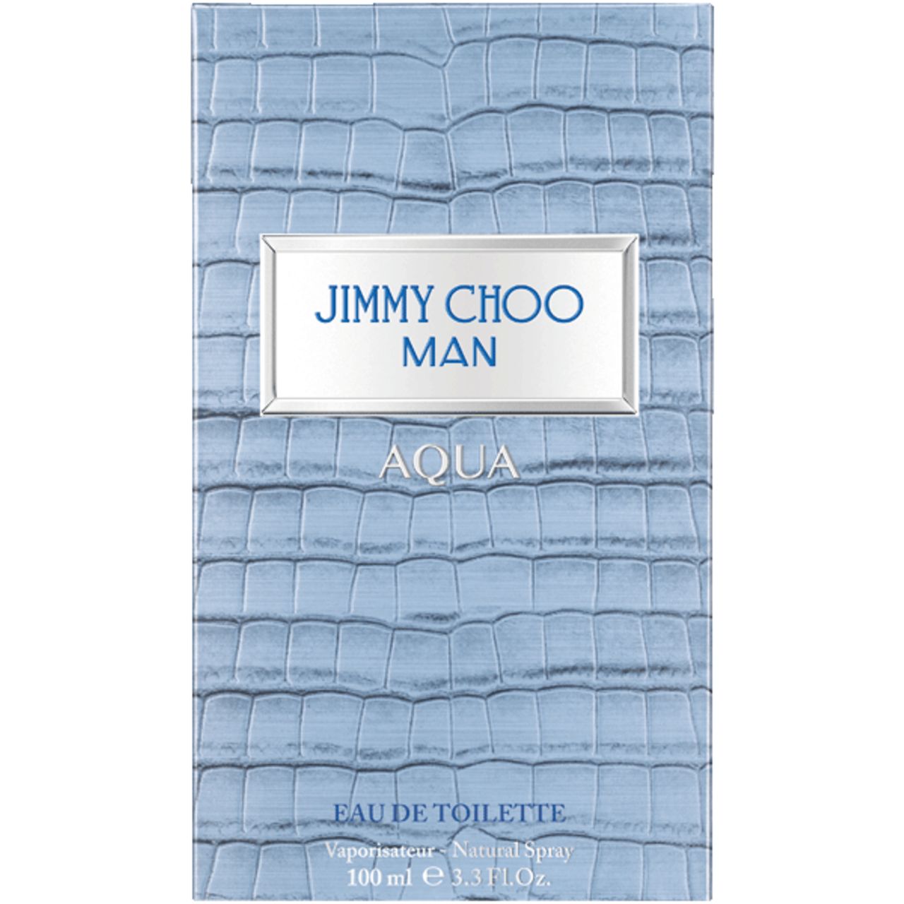 Confezione con motivo coccodrillo. Scritta: JIMMY CHOO MAN AQUA. Sfondo azzurro chiaro.