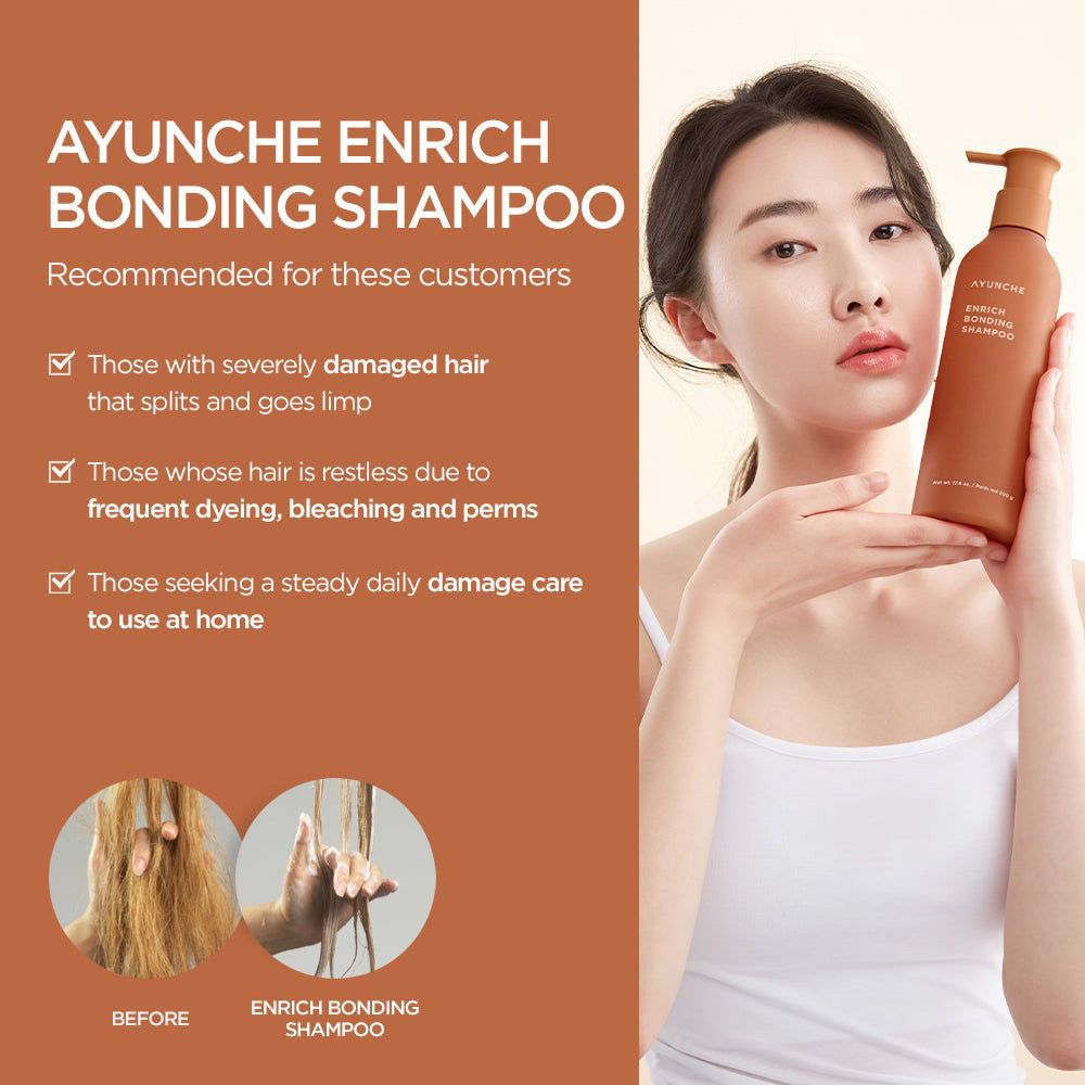 Donna tiene AYUNCHE Enrich Bonding Shampoo; raccomandazioni e immagini prima/dopo.