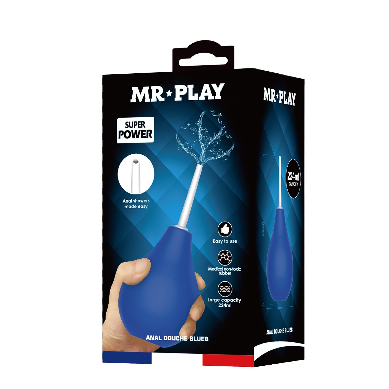 Confezione di Mr. Play. Contiene un irrigatore blu con punta bianca. Testo: Anal Douche Blueb, 224ml.