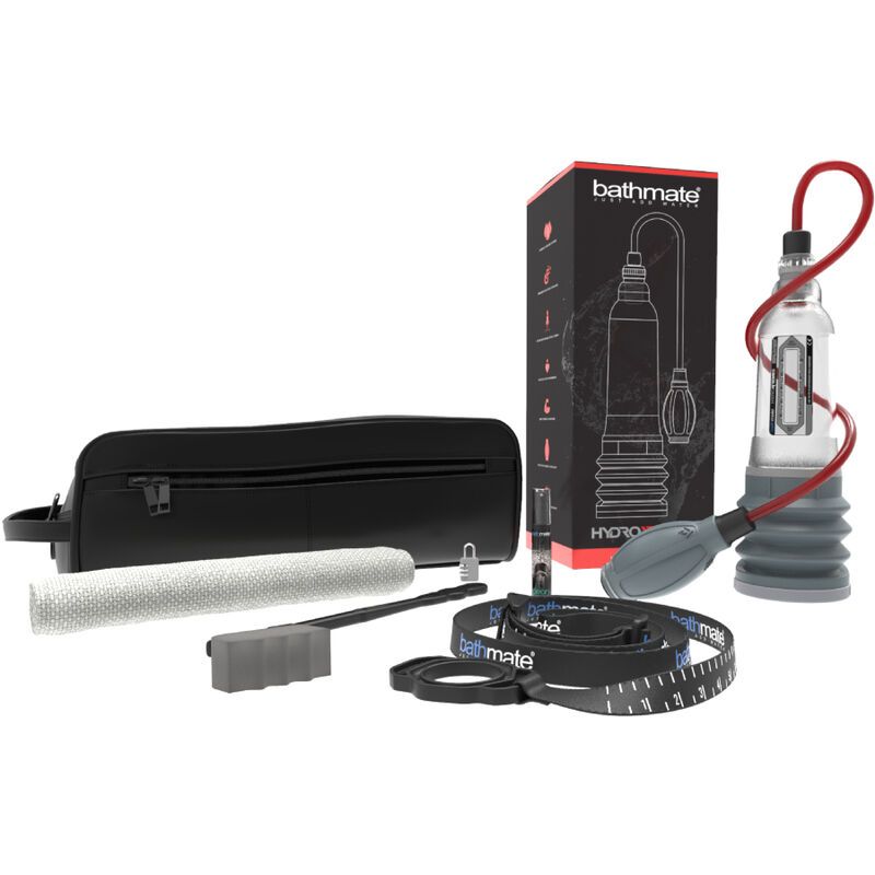 Set Bathmate HydroXtreme5: Cilindro, borsa, accessori e confezione su sfondo bianco.