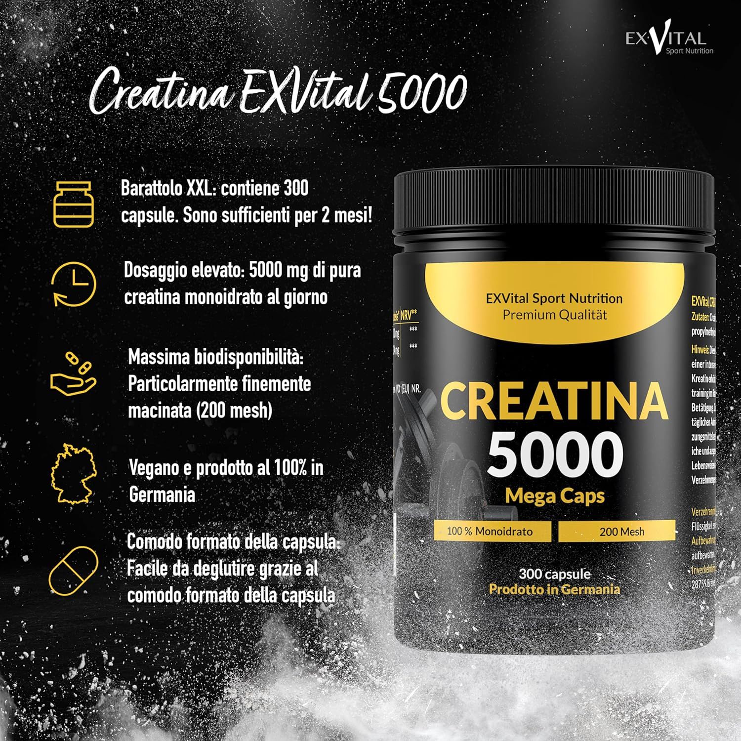 Contenitore EXVital Creatin 5000 Mega Caps con iscrizioni '100% Monoidrato', '200 Mesh', '300 capsule'.