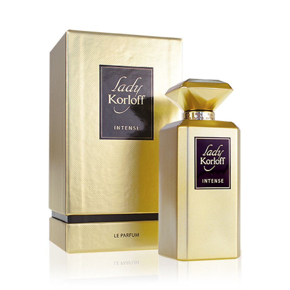 Flacone e scatola dorati. Scritta: Lady Korloff Intense. Flacone con tappo a diamante. Scatola con etichetta nera.