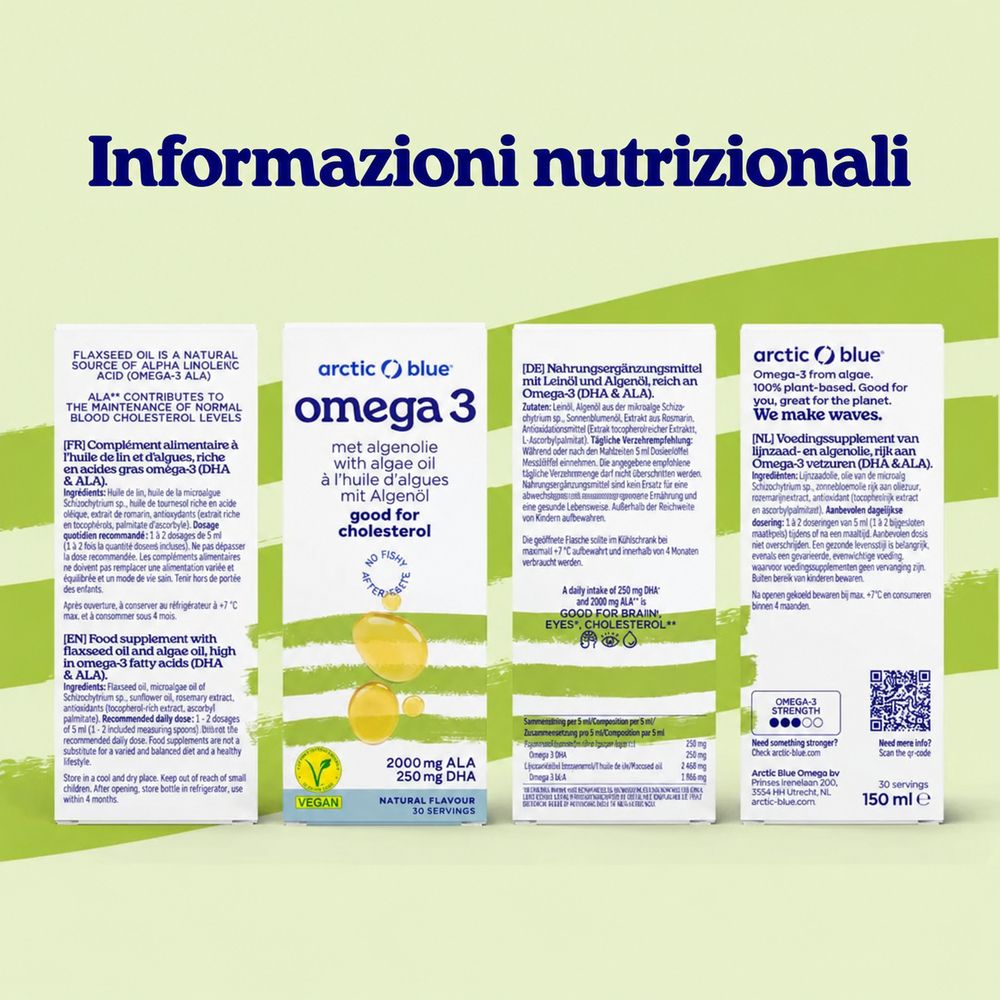 Pagine di imballaggio dell'olio di alghe Arctic Blue Omega 3 con informazioni nutrizionali e certificazioni.