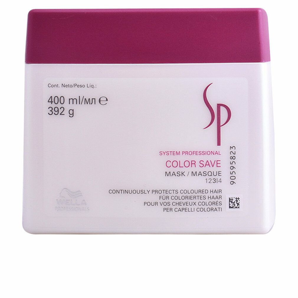 Vaso bianco con coperchio bordeaux. Scritta: Color Save Mask, 400 ml, logo SP, Wella Professional.