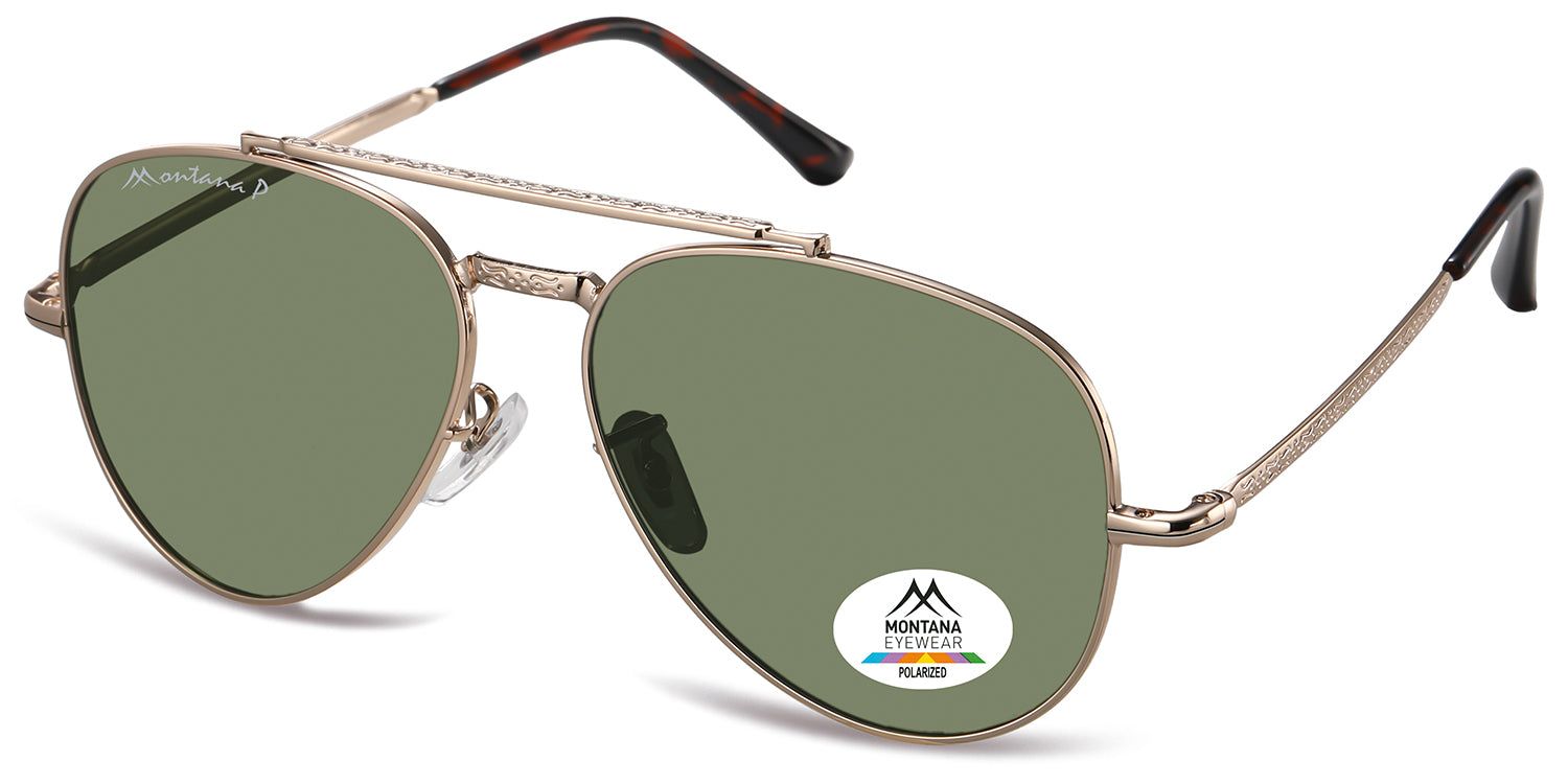 Occhiali da sole dorati con lenti verdi. Forma a goccia. Logo Montana Eyewear ed etichetta Polarized. Aste marroni.