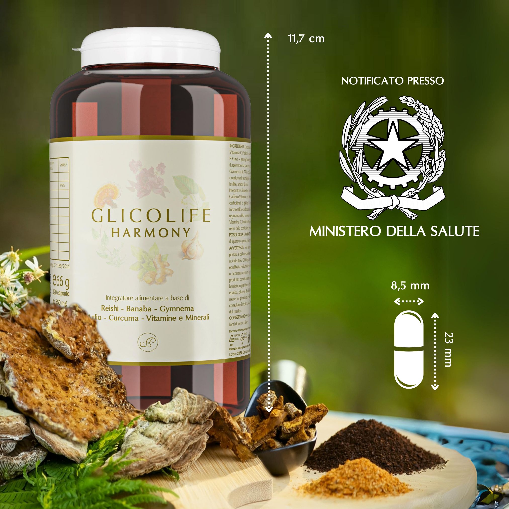 Flacone del prodotto con ingredienti e dimensioni. Testo: Notificato presso il Ministero della Salute. Dimensioni della capsula.