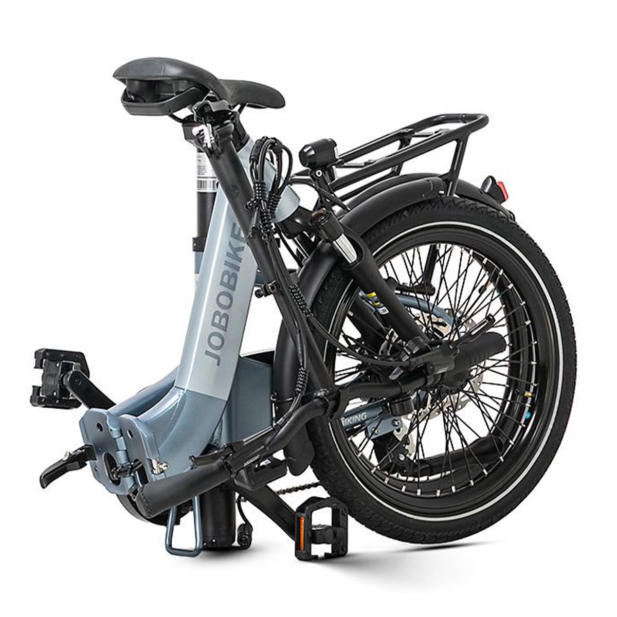 E-bike pieghevole JOBOBIKE Ace Pro grigio chiaro. Pneumatici neri, portapacchi, sella e manubrio. Scritta JOBOBIKE.