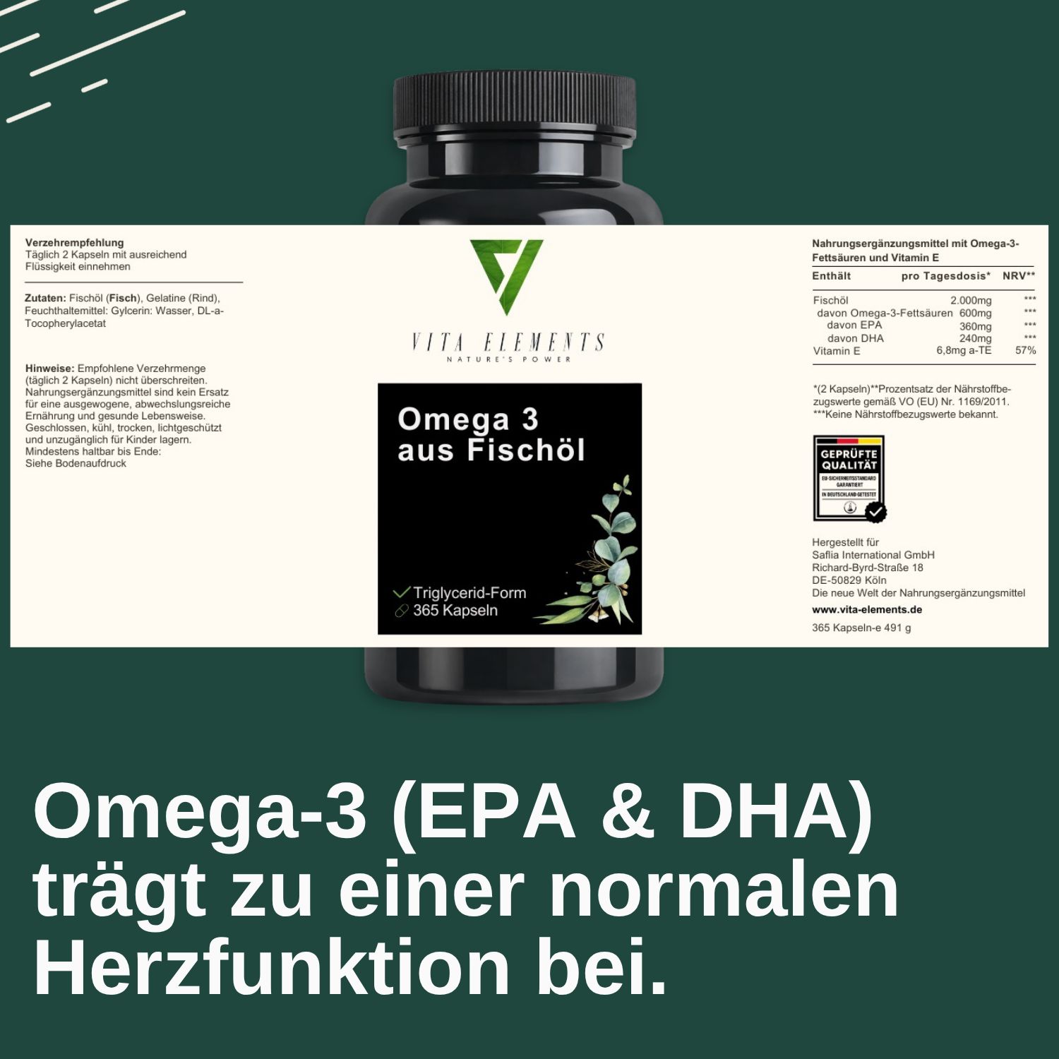 Etichetta del barattolo: Vita Elements Omega 3 da olio di pesce, 365 capsule, forma trigliceride.