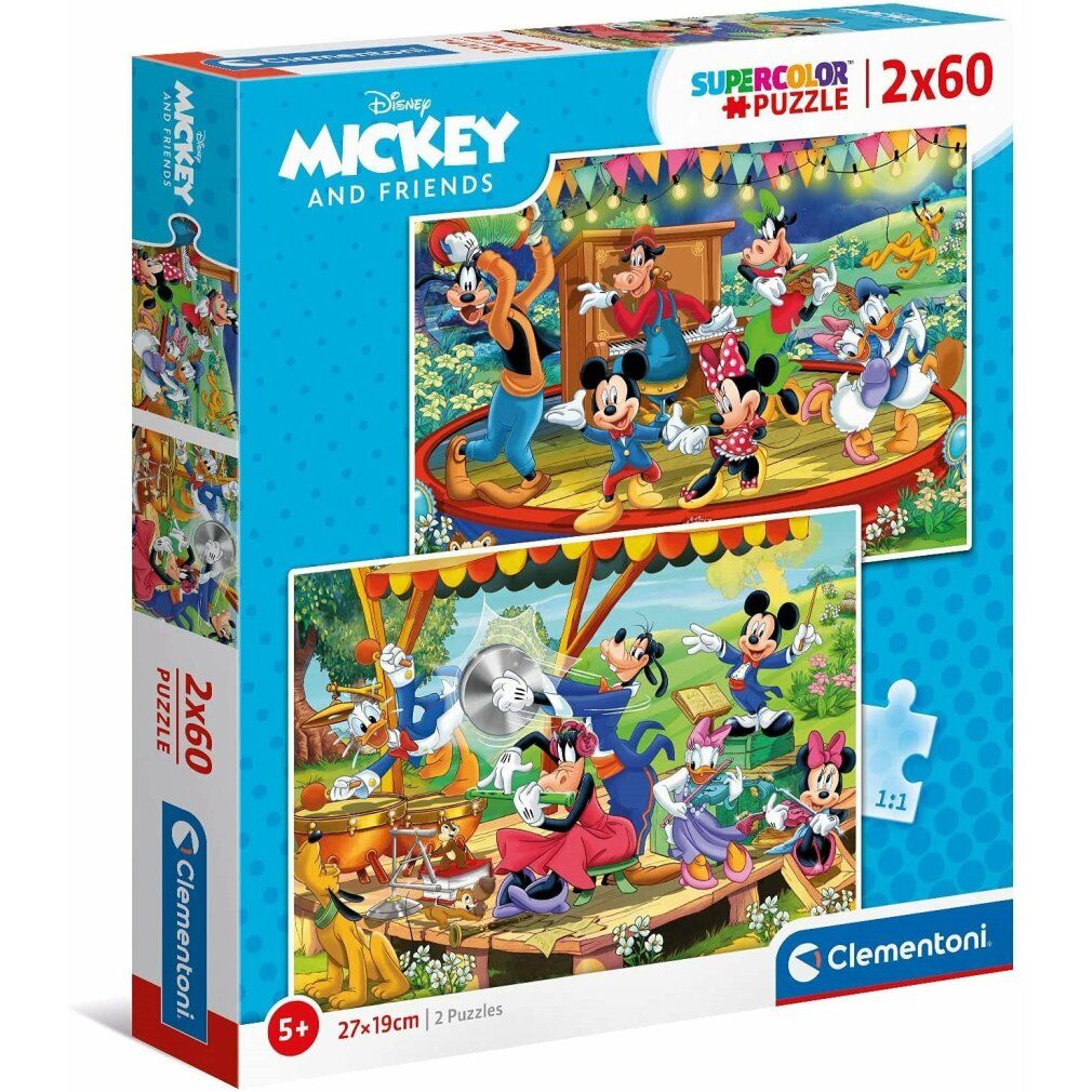 Puzzle Clementoni Mickey e amici, 2x60 pezzi. Confezione mostra due puzzle con personaggi Disney. Scritta: 2x60 pezzi, Clementoni.