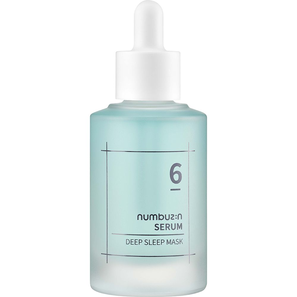 Flacone di siero blu trasparente con tappo e contagocce bianchi. Scritta: 6, Serum, Deep Sleep Mask.