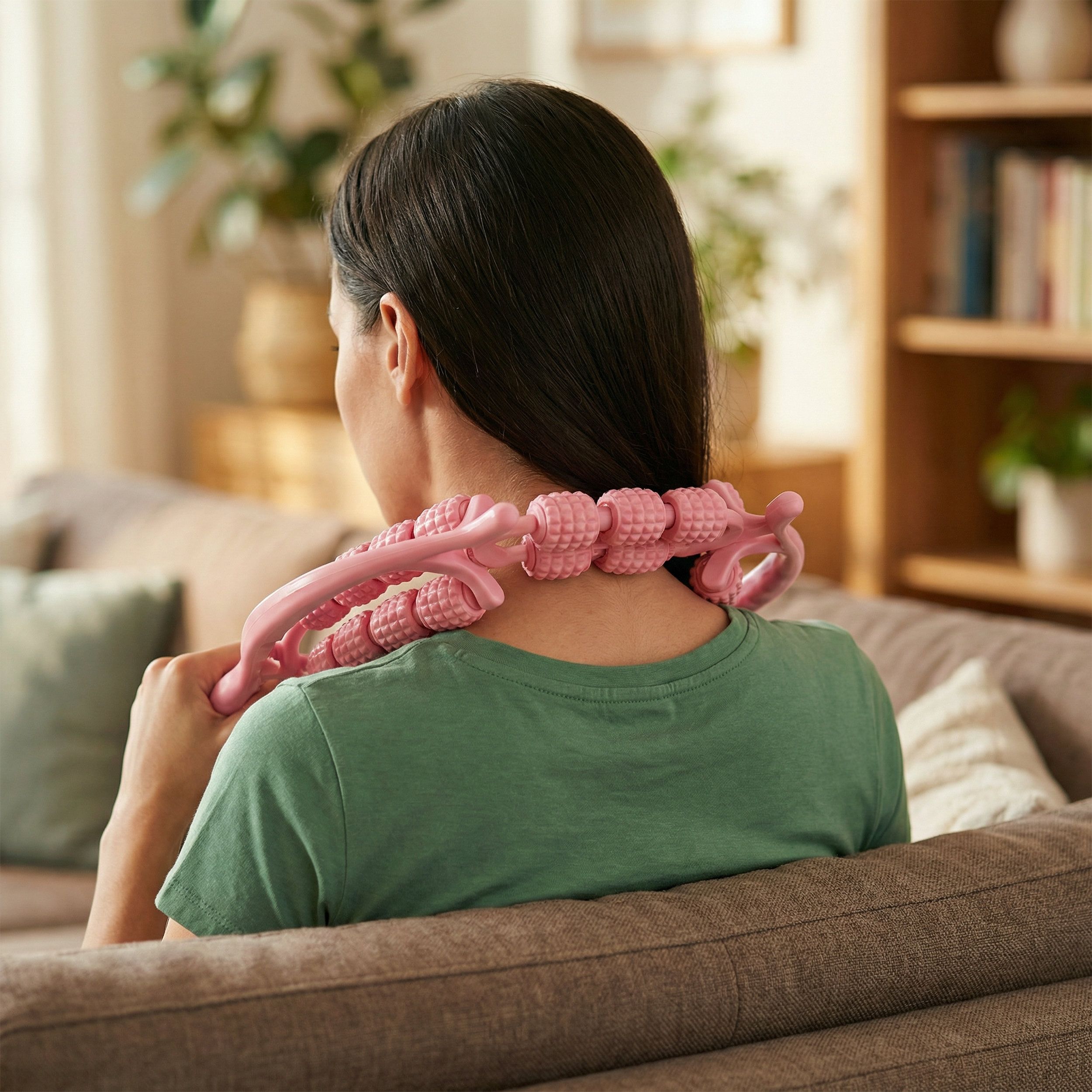 Rullo massaggiante rosa. Donna tiene il dispositivo sul collo. Rulli e impugnatura visibili. Donna seduta.