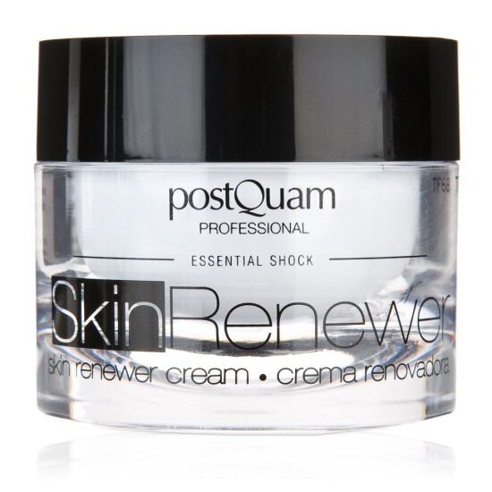 Vasetto di crema in vetro con coperchio nero. Scritta Skin Renewer e PostQuam Professional. Crema con acido glicolico.